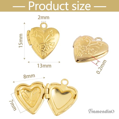 Framendino, 20 Pack Gold Heart Photo Frame Charms Locket Pendants Memory Pendant for DIY Necklace Bracelet Jewelry Making