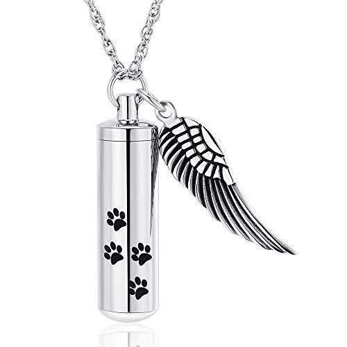 shajwo Cremation Jewelry Paw Print Urn Necklaces for Human Pet Ashes Cylinder Urn Pendant Keepsake Memorial Ash Locket Holder Necklace for Men Women - color: Silver