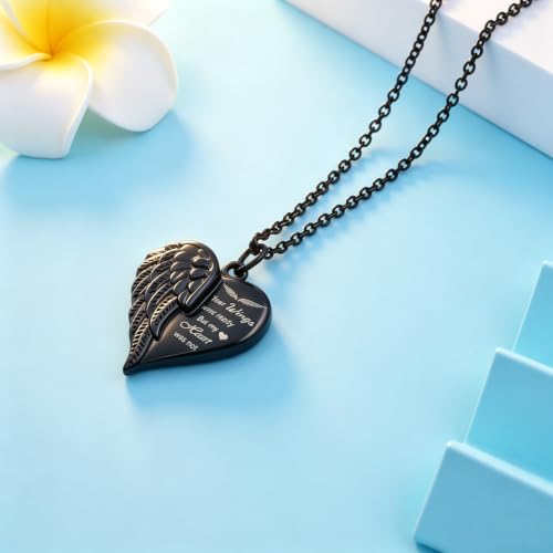 Heart Cremation Urn Necklace Human Ashes Jewelry for Women Men Engraved Your Wings were Ready but My Heart was Not Angel Wings Memorial Pendant Necklace Gift for Family Members - color: Black