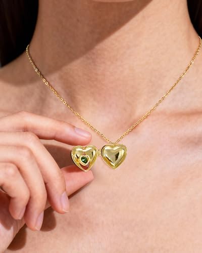 14K Gold Plated Heart Locket Memorial Adjustable Necklace Chain Pendant Emerald Cubic Zirconia Thin Necklace for Women