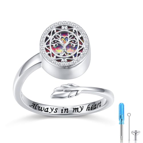 Tree of Life Urn Ring for Ashes 925 Sterling Silver Cremation Ring | Adjustable Family Tree with Opal Memorial Keepsake Jewelry Always in My Heart Cremation Ash Open Ring for Women