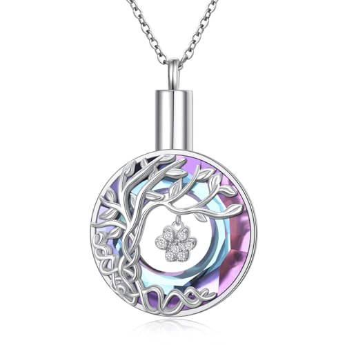 DAOCHONG Pet Paw Print Tree of Life Urn Necklace for Dog Cat Ashes Memorial | Sterling Silver Pet Cremation Pendant | Paw Print Keepsake | Memorial for Pet Loss - style: Purple Paw Print Urn Necklaces