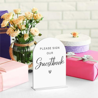 Acrylic Wedding Sign Please Sign Our Guestbook Wedding Signs for Ceremony Modern Calligraphy Arch Acrylic Table Top Sign for Wedding Reception and Event Party Table(white） - color: Please Sign Our Guestbook