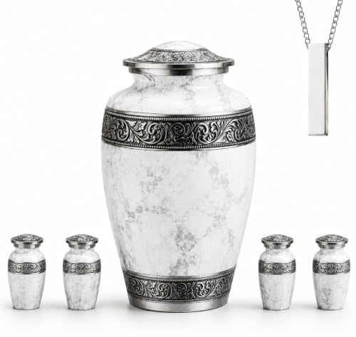 Family Tribute White Marble Cremation Urn for Human Ashes Set – Beautiful Large Funeral Urn for Adult (220lbs) with 4 Small Keepsake & 2 Memorial Ash Necklaces to Honor Your Loved Ones - color: White Marble Premium Urn Set