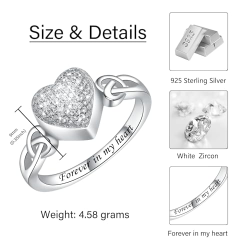 CZ Heart Cremation Ring for Ashes - 925 Sterling Silver Urn Keepsake Rings Memorial Jewelry for Women