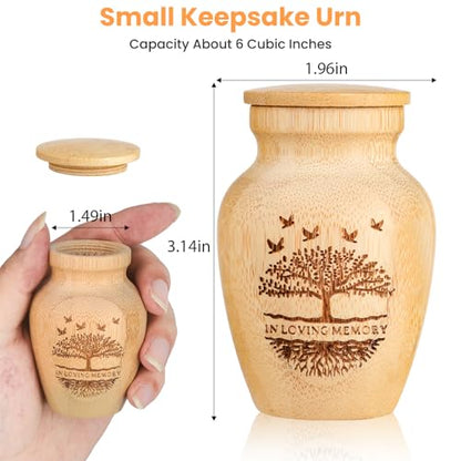 Small Urns for Human Ashes Keepsake Set of 2, Handcrafted Bamboo, Mini Cremation Keepsake Urn for Funeral Memorial or Home Decorative, 2" W x 3" H