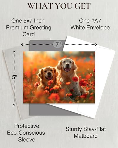 Golden Retrievers in Flower Garden All Occasions Greeting Card from Unique Dogs Party Delights Collection Large 5x7 Inch Blank Inside with Envelope - color: Golden Retrievers in Flower Garden