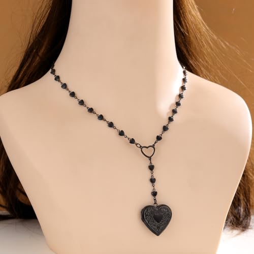 Personalized Heart Locket Necklace for Women Stainless Steel- Heart Necklace - color: black
