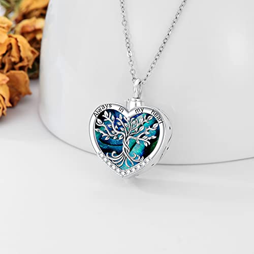 TOUPOP Tree of Life Urn Necklaces for Ashes 925 Sterling Silver Heart Cremation Jewelry Memorial Keepsake Jewelry with Funnel Filler for Women Men - color: A-Heart Tree of Life-Abalone Shell