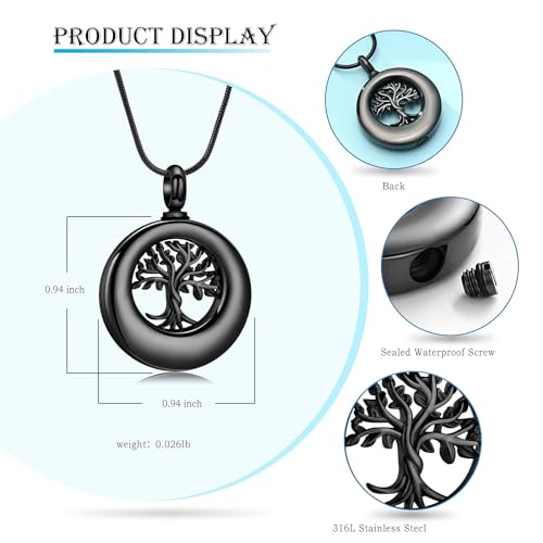 Hearbeingt Cremation Jewelry Urn Necklace for Ashes for Women Men, Circle of Life Eternity Memorial Pendant Ash Jewelry - color: Z-Tree of Life-Black
