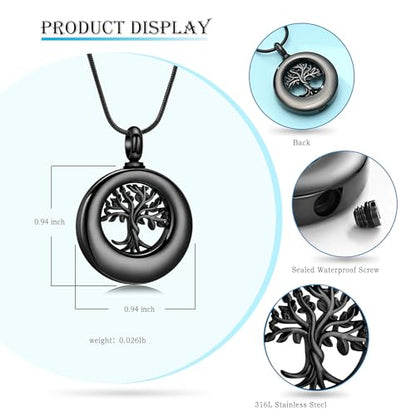 Hearbeingt Tree of Life Urn Necklaces for Ashes Circle Cremation Jewelry - color: A-Black
