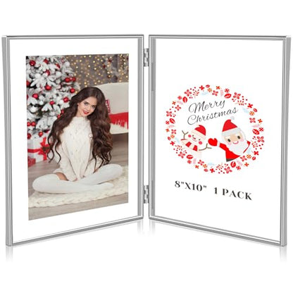 Sintuff 8" x 10'' Brass Double Picture Frame Clear Double Folding Hinged Frame Acrylic Memorial Photos Displayed Stand for Desktop Artwork Plants Specimen Graduation Christmas Gifts(Silver) - color: Silver