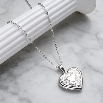 Heart Locket Necklace Pendant Dainty Memorial Keepsake Locket Necklace That Holds Pictures Stainless Steel Heart Photo Box Necklace for Women Lover Mother Father Daughter Son Fashion Jewelry Gifts - color: 01Silver