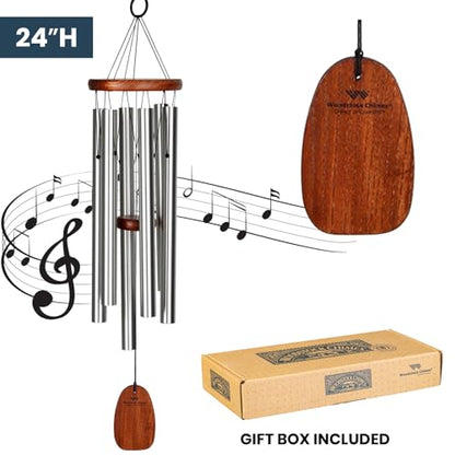 Woodstock Chimes of Comfort 24" Memorial Wind Chimes for Outdoor & Garden, Tuned to Amazing Grace, Sympathy Gift Silver Aluminum Tubes, Teak Wood Finish (WCOC)