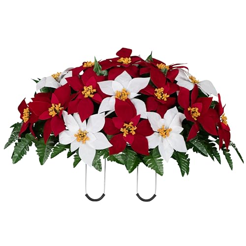 Sympathy Silks Artificial Cemetery Flowers - Christmas Poinsettias - Outdoor Grave Decorations - Red and White Poinsettias Saddle for Headstone - color: Red & White, size: (1) Saddle