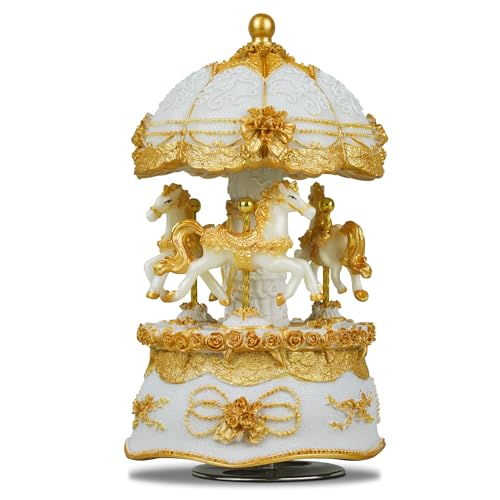 Carousel Music Box,Luxury Color Change LED Light ,Luminous Rotating 3-horse | Luminous Music Box, musical box with Gift Box for Girls Birthday Valentine Gift (You are My Sunshine, Gold) - color: Gold, style: You are My Sunshine