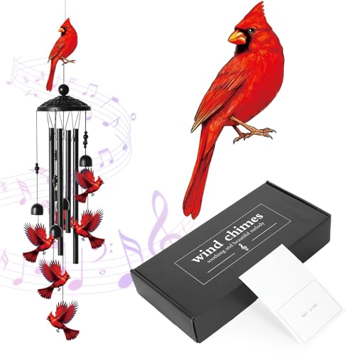 Cardinal Wind Chimes for Outside, Red Bird Outdoor Hanging Decor, Memorial Sympathy Gift with Greeting Card and Gift Box for Garden Yard Patio Porch Balcony Decor
