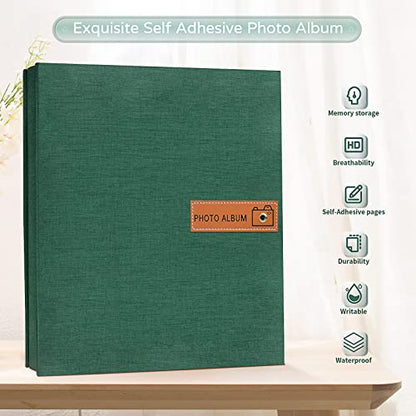 Popotop Large Photo Album Self Adhesive 4x6 5x7 8x10 Scrapbook Album DIY Picture Book,Gifts for Mom,Family Baby and Wedding,with Metal Pen and Plastic Board - color: Dark green, size: 11.5"x10.6"40pages