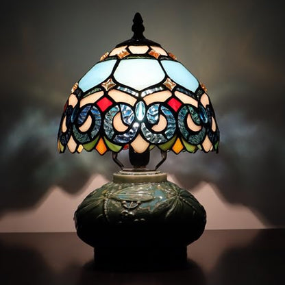 Small Tiffany Lamp Mushroom Table Lamp, Mini Stained Glass Desk Light Memory Sympathy Ceramic lamp 8X11 Inch (Sapphire Style)