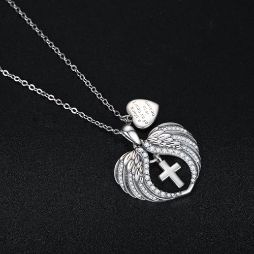TUGHRA Memorial Necklace for Women Men, Angel Wings Heart Pendant 925 Sterling Silver A Piece of My Heart Is In Heaven Charm Necklace Sympathy Gift - style: 03-Cross Angel Wings