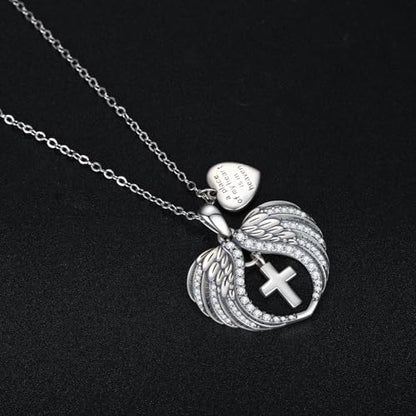 TUGHRA Memorial Necklace for Women Men, Angel Wings Heart Pendant 925 Sterling Silver A Piece of My Heart Is In Heaven Charm Necklace Sympathy Gift - style: 03-Cross Angel Wings