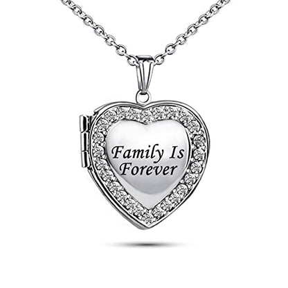 KunBead Women's Love Heart Photo Locket Necklace with Picture inside Jewelry Pendant Necklace for Auntie Friend Dad Daughter Granddaughter Nana Sister Wife Mom Grandma - style: Family is Forever