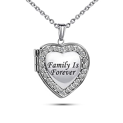 KunBead Women's Love Heart Photo Locket Necklace with Picture inside Jewelry Pendant Necklace for Auntie Friend Dad Daughter Granddaughter Nana Sister Wife Mom Grandma - style: Family is Forever