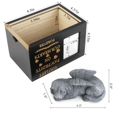 Pet Urns for Dog with Dog Angel, Wooden Pet Memorial Urns with Photo Frame, Pet Cremation Urns Keepsake Memory Box with Black Flannel as Lining, Loss Pet Memorial Remembrance Gift - size: Medium with Angel Dog