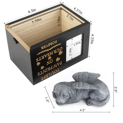Pet Urns for Dog with Dog Angel, Wooden Pet Memorial Urns with Photo Frame, Pet Cremation Urns Keepsake Memory Box with Black Flannel as Lining, Loss Pet Memorial Remembrance Gift - size: Medium with Angel Dog