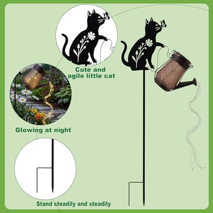 Solar Watering Can Light Cat Stake 36in Garden Waterfall LED Outdoor Art - color: Cat Watering Can