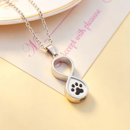 Infinity Pet Urn Necklace for Ashes Dog Cat Paw Print Eternal Love Cremation Jewelry Keepsake Ashes Necklace Stainless Steel Memorial Urn Pendant Necklace Infinite Shape Funeral Urn Necklace - color: Silver