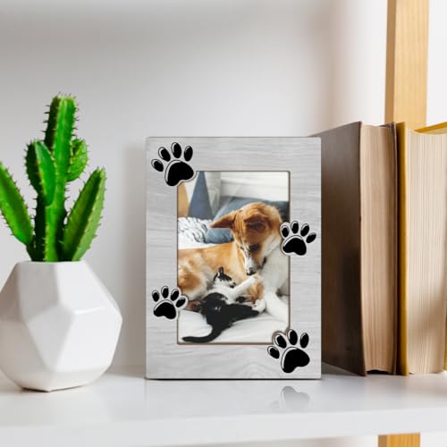 Pet Wooden Picture Frame, 4x6 Pet Paw Prints Photo Frame, Dog Cat Mom Memorial Sympathy Gifts, Remembrance Gifts, Picture Frames for Tabletop Display, Home Office Desk Decorations -001