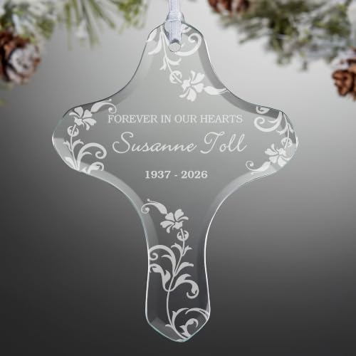 Personalization Universe in Loving Memory Memorial Cross Ornament, Etched Glass Christmas Tree Ornament with Ribbon, Personalized Christmas Ornaments for Remembering Loved Ones