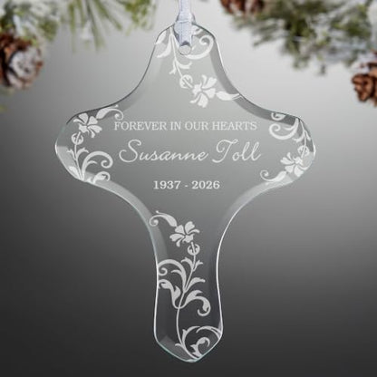 Personalization Universe in Loving Memory Memorial Cross Ornament, Etched Glass Christmas Tree Ornament with Ribbon, Personalized Christmas Ornaments for Remembering Loved Ones