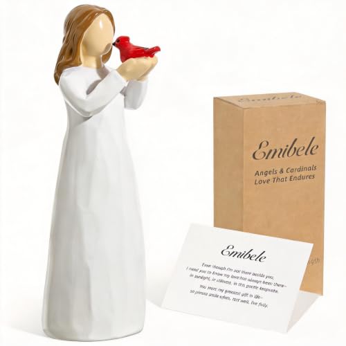 Emibele Angel Red Cardinal Figurine Memorial Gifts for Loss of Loved One | Hand-Painted Resin Sculpted Figure Cardinal, Sympathy Angel Figurines Statues Decor, Light White bereavement Gift - style: Angel Red Cardinal