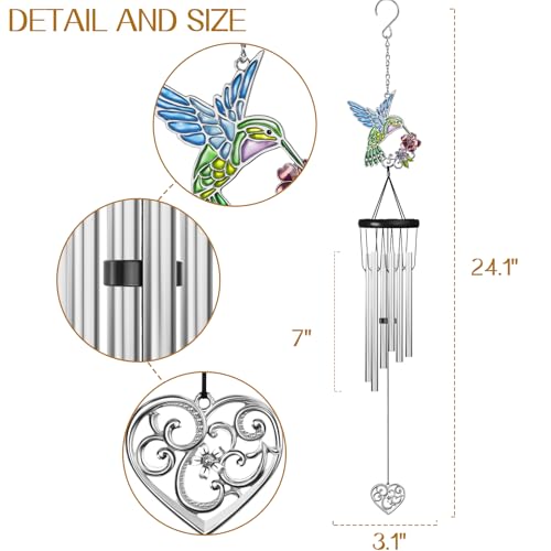 Outdoors Hummingbird Wind Chimes Sympathy Memorial for Loss of Loved One - Soothing Melodic Tones Aluminum Chime Great as a Gift for Your Patio Porch Garden and Backyard (Hummingbird,Heart) - size: 24.1" Hummingbird Heart
