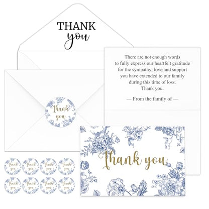 Fumete 50 Set Funeral Thank You Cards, Blue Floral - style: Blue Floral