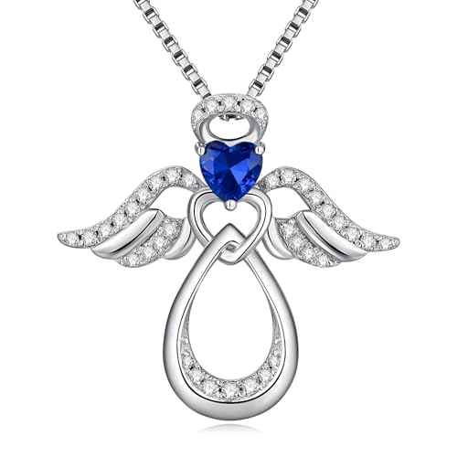 925 Sterling Silver Guardian Angel Pendant Necklace for Women with Birthstone Cubic Zirconia Little Angel Pendant Necklace Jewelry 18 inch Chain - color: 09-Sept-Sapphire