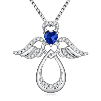 925 Sterling Silver Guardian Angel Pendant Necklace for Women with Birthstone Cubic Zirconia Little Angel Pendant Necklace Jewelry 18 inch Chain - color: 09-Sept-Sapphire