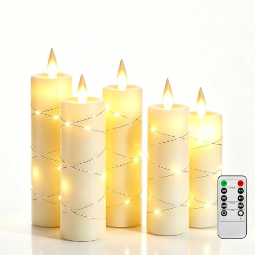 Da by 5 Pack Ivory Real Wax Flameless Taper Candles, Lifelike Flickering LED Flame Candles with Surrounding Fairy String Lights, Battery Candles with Remote for Home Wedding Holiday Decor - color: DC#5*1