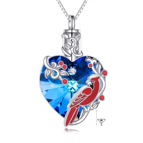 TOUPOP Sterling Silver Urn Necklace for Ashes with Crystal Memorial Keepsake Dragonfly/Butterfly/Cardinal/Cat/Dolphin Cremeation Jewelry Birthday Mothers Day Christmas Gifts for Her Women - style: Cardinal