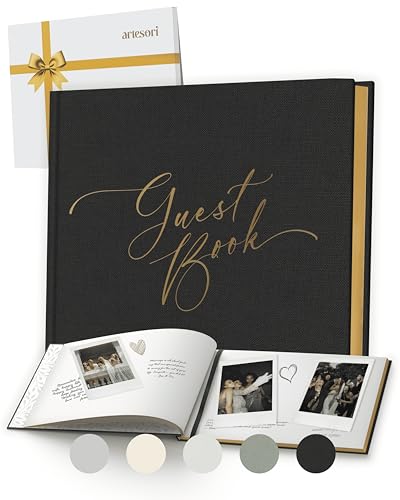 Black Wedding Guest Book — Gold-Foiled Blank Guest Book for Wedding Reception, Funeral Guest & Baby Shower to Sign in — Linen Photo & Polaroid Guest Book, Elegant Guestbook - color: Black, size: No Date