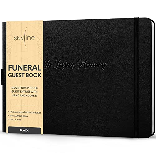 Skyline Funeral Guest Book, Sign In Name & Address, Hardcover Black | 10”x7”, Elegant sign-in guestbook for memorial service & celebration of life with large signature space, Memory book - color: Black, size: Smaller than A4 (10" x 7")
