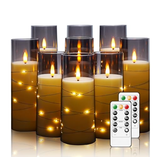 Nimiko Flickering Flameless LED Candles, 9 Pcs with Embedded Star String, Acrylic LED Pillar Candles with Remote, Suitable for Home Decoration (Grey) - color: Gray