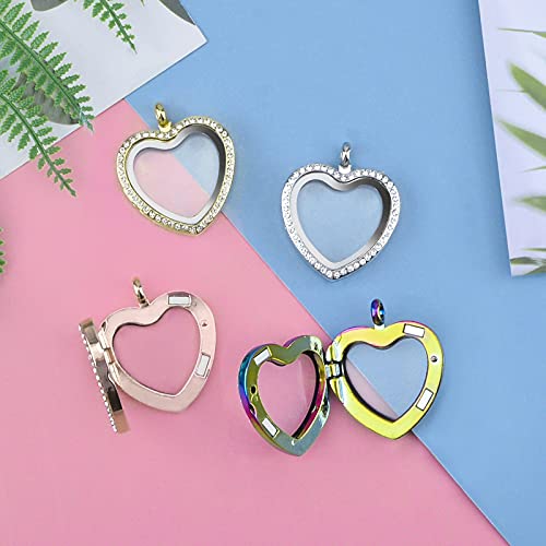 WANDIC Rhinestone Photo Charm, Rose Gold Heart Crystal Photo Pendant Bridal Wedding Bouquet Charms Living Floating Memory Locket for 2 Pictures - color: Mixed