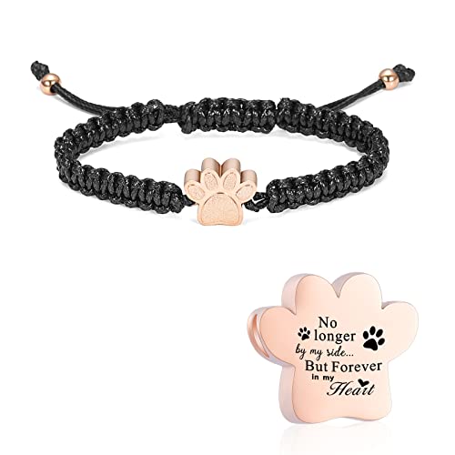 constantlife Cremation Bracelet for Ashes Stainless Steel Paw Print Urn Jewelry Braided Rope Adjustable Bangle Keepsake Pet Dog Cat Ash Holder Memorial Gift for Women Men - color: Rose Gold