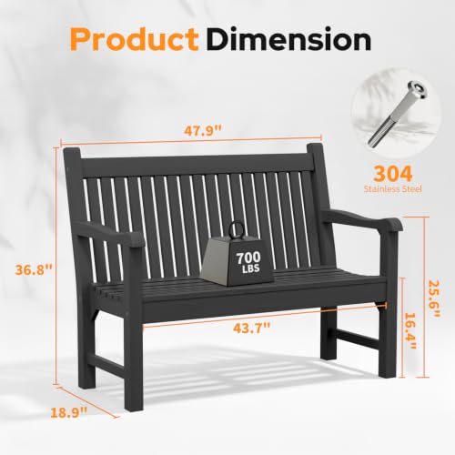 2-Person Outdoor Bench with 700 Lbs Weight Capacity, Black | Poly Lumber Weatherproof Garden Bench Seating for Porch, Balcony and Park, All-Weather Patio Bench Furniture - color: Black