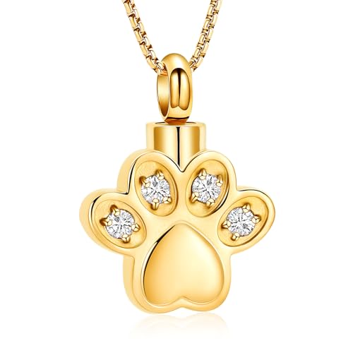 Paw Print Urn Necklace for Ashes Pet Paw Cremation Jewelry Ashes Necklace Keepsake Memorial Jewelry for Pet/Dog's/Cat's Ashes Pendant Gifts for Men/Women - color: Gold Paw