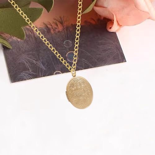 Vintage Engraved Flower Empaistic Photo Locket Hold Picture Oval Round Pendant Necklace Antique Carved Pattern Souvenir Memorial Clavicle Jewelry for Women