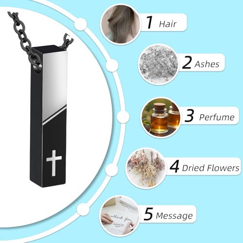 Cremation Jewelry Bar Urn Necklace for Ashes Cross Pattern Cube Ash Pendant with Mini Keepsake Urn Memorial Ashes Jewelry for Women Men - With Me Always - color: Black